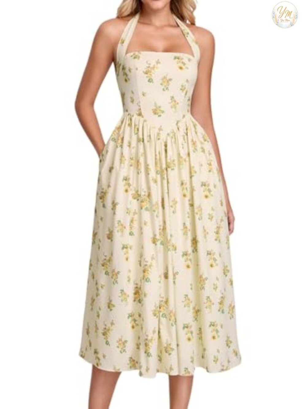 Halter Corset Midi A-Line Dress Wedding Guest Open Back Sleeveless
